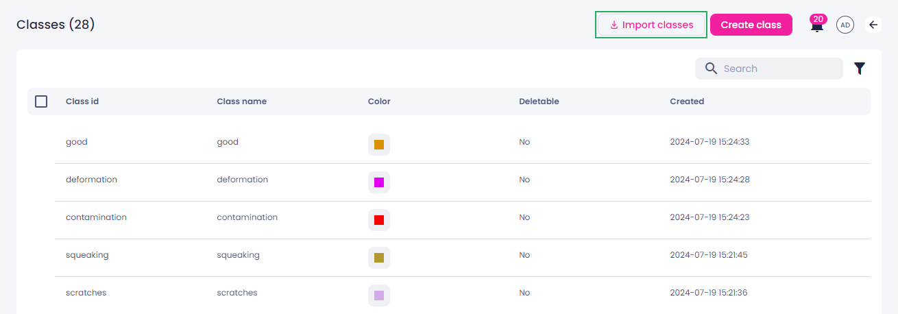Import classes button